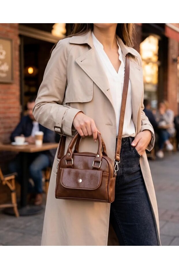 "Women's Brown Soft Leather Hand and Shoulder Bag with Silver Detail 18X13 Cm" -