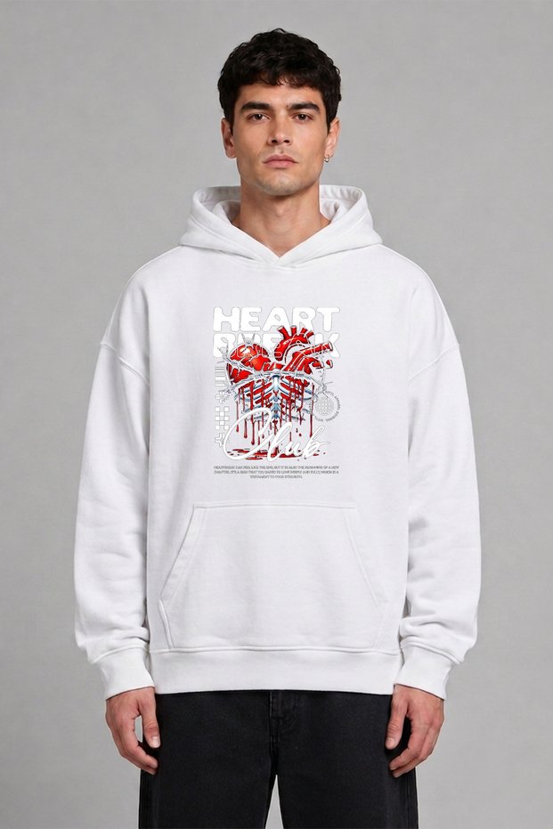 Heart Design Front Printed Oversize White Hooded Sweatshirt