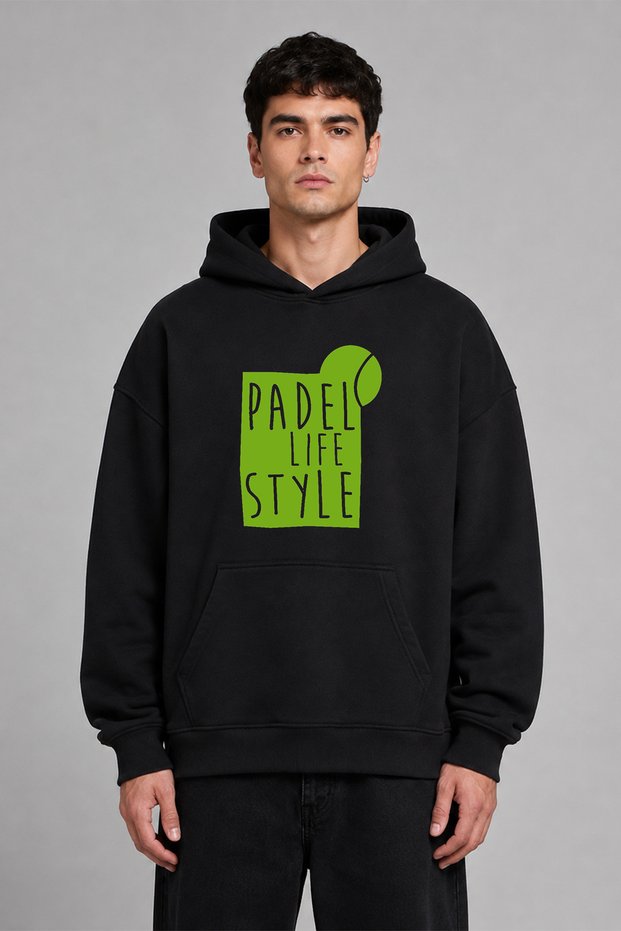 Padel Life Green 2 Design Pre-Printed Oversize Black Hooded Sweatshirt