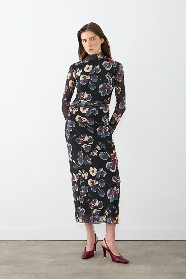 High Neck Patterned Tulle Lycra Maxi Dress - Black