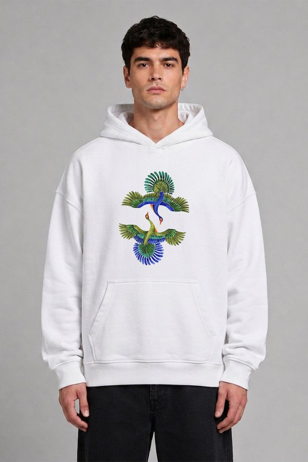 Colorful Couple Birds Design Pre-Printed Oversize White Hooded Sweatshirt