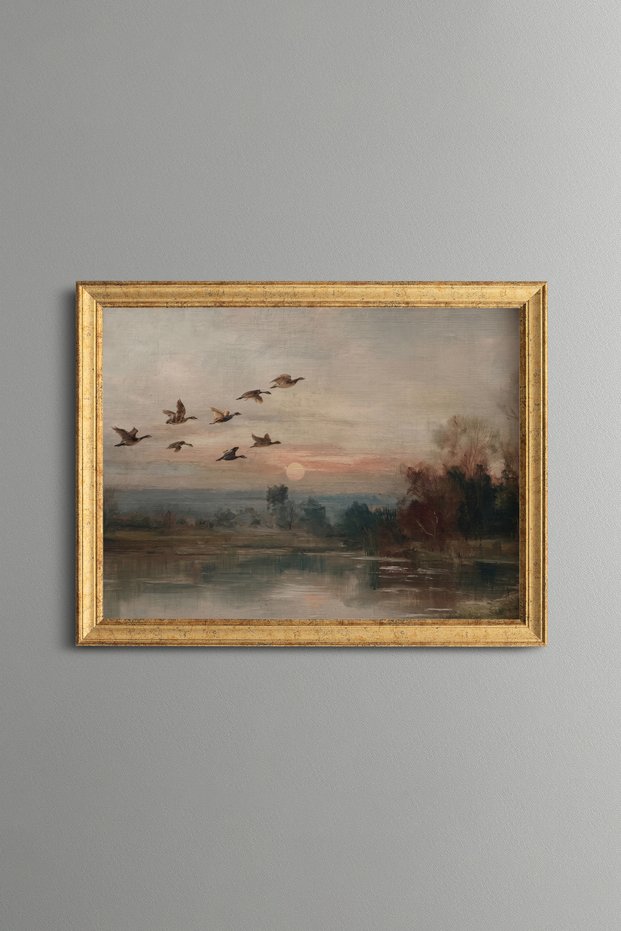 Birds Flying at Sunset - Vintage Patterned Painting - Fine Model