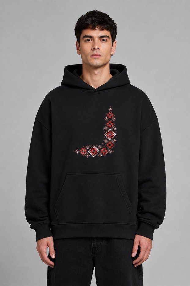 Balkan Drawings Ethnic Design Pre-Printed Oversize Black Hooded Sweatshirt