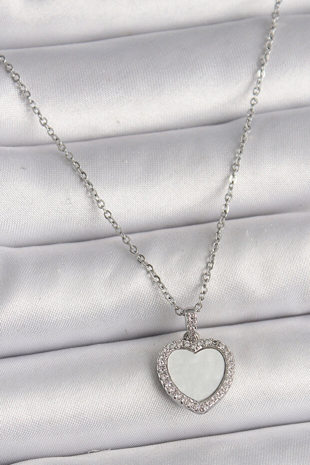 316L Steel Silver Color Chain Zircon Stone White Enamel Heart Model Women's Necklace
