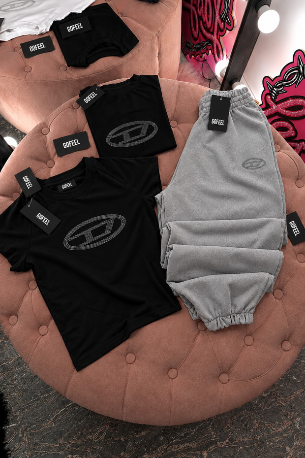 Luxe Rhinestone Set Black Crop Tracksuit Set