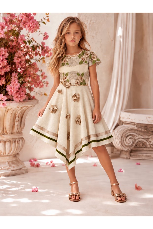 Girl's Asymmetrical Linen Dress with Lace Embroidery, Floral Detail, and Buckle Accessories