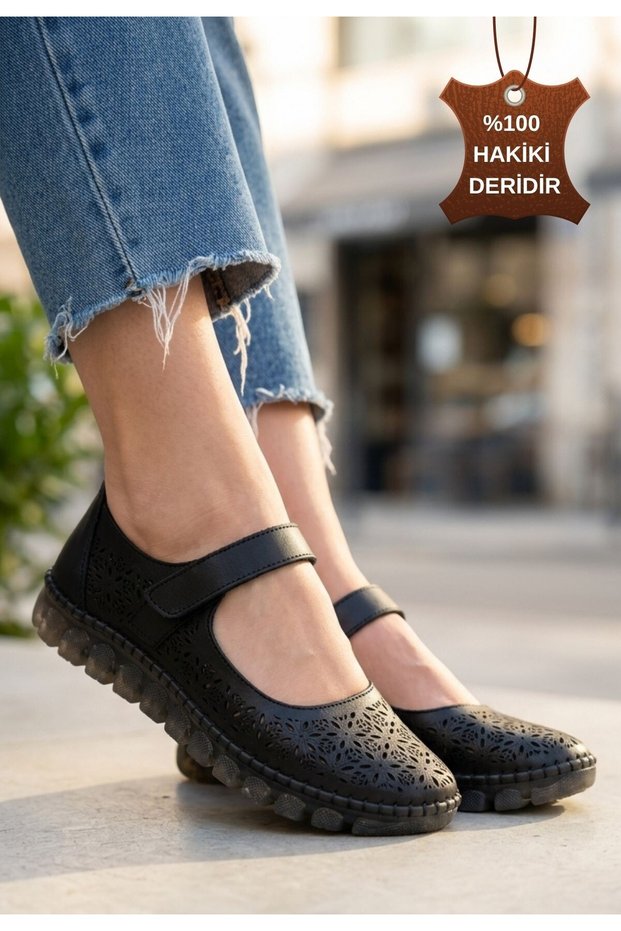 Sina Black Genuine Leather Velcro Ballerina Shoes
