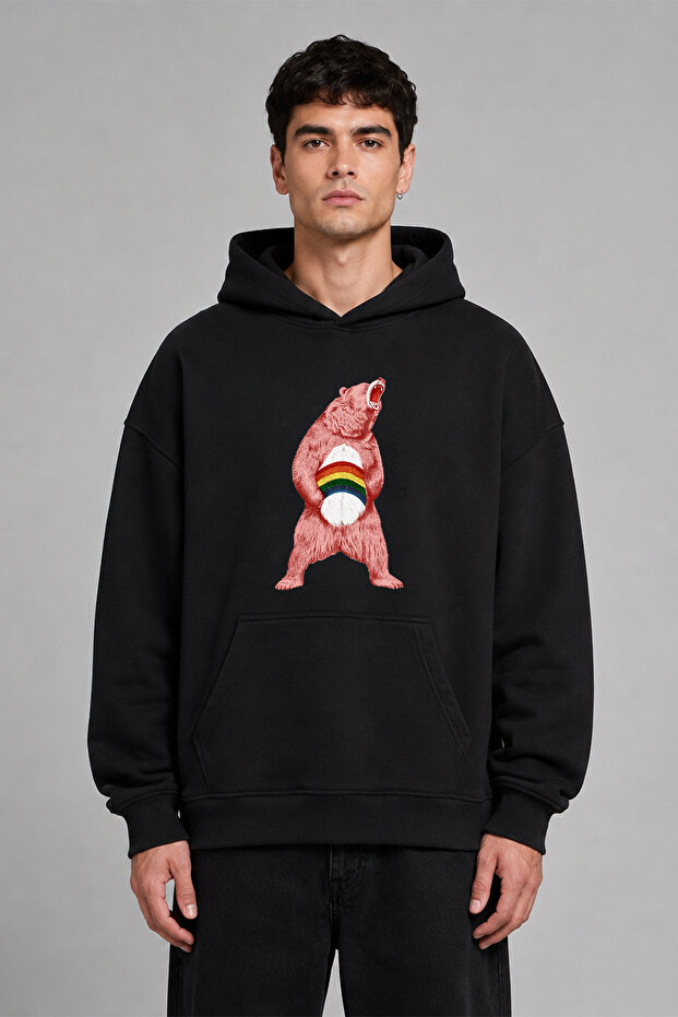 Colorful Bear Design Pre-Printed Oversize Black Hooded Sweatshirt