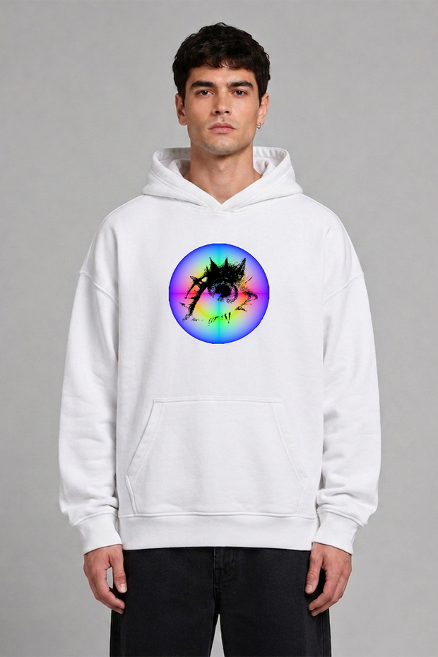 Colorful Eye Design Pre-Printed Oversize White Hooded Sweatshirt