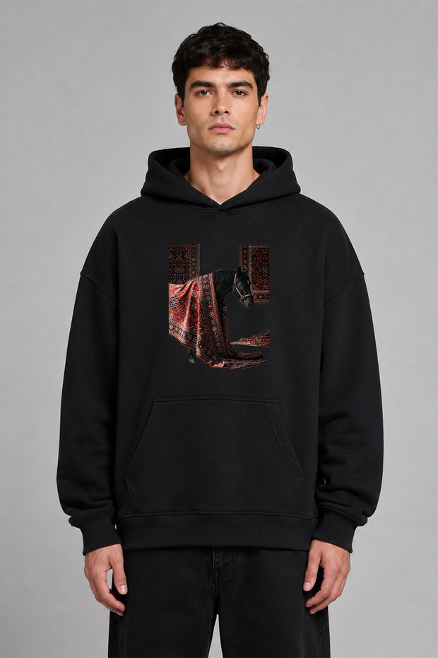 Carpet and Horse Design Pre-Printed Oversize Black Hooded Sweatshirt