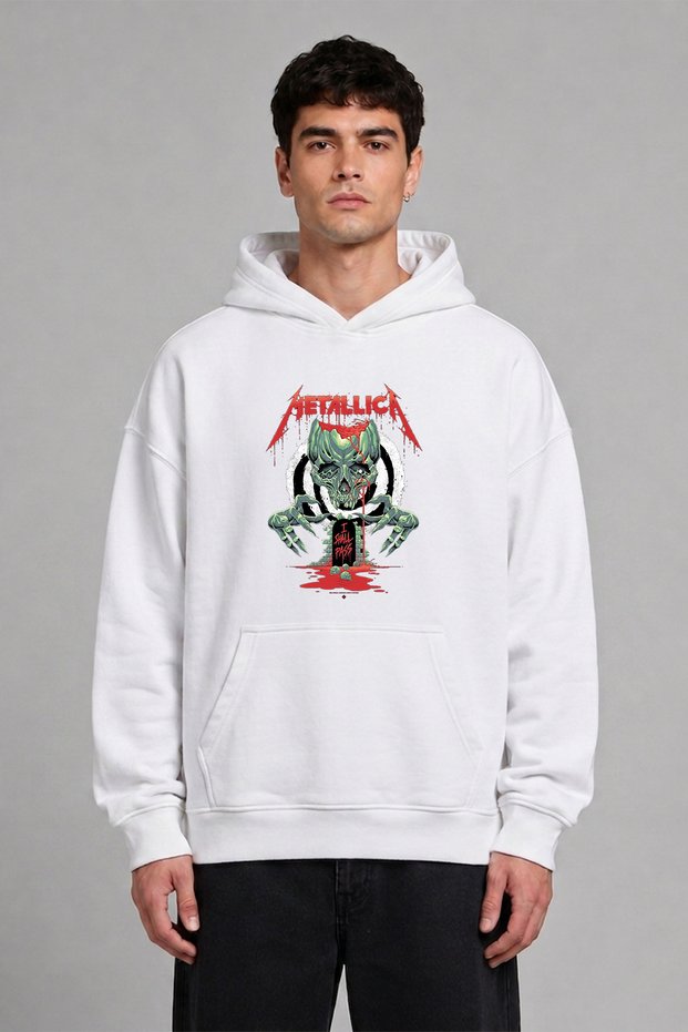 Metalika Hypnosis Design Front Printed Oversize White Hooded Sweatshirt