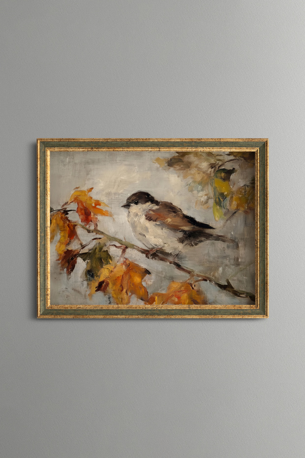 Sparrow on a Branch with Autumn Leaves - Vintage Patterned Painting - Fine Model