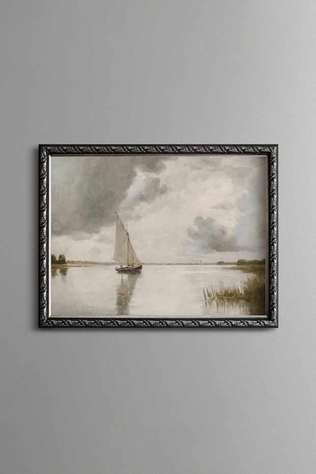 White Sailboat on Calm Lake - Vintage Patterned Painting - Fine Model