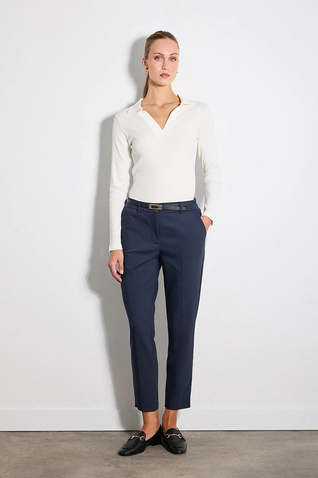Belted Cigarette Cotton Trousers - Navy Blue