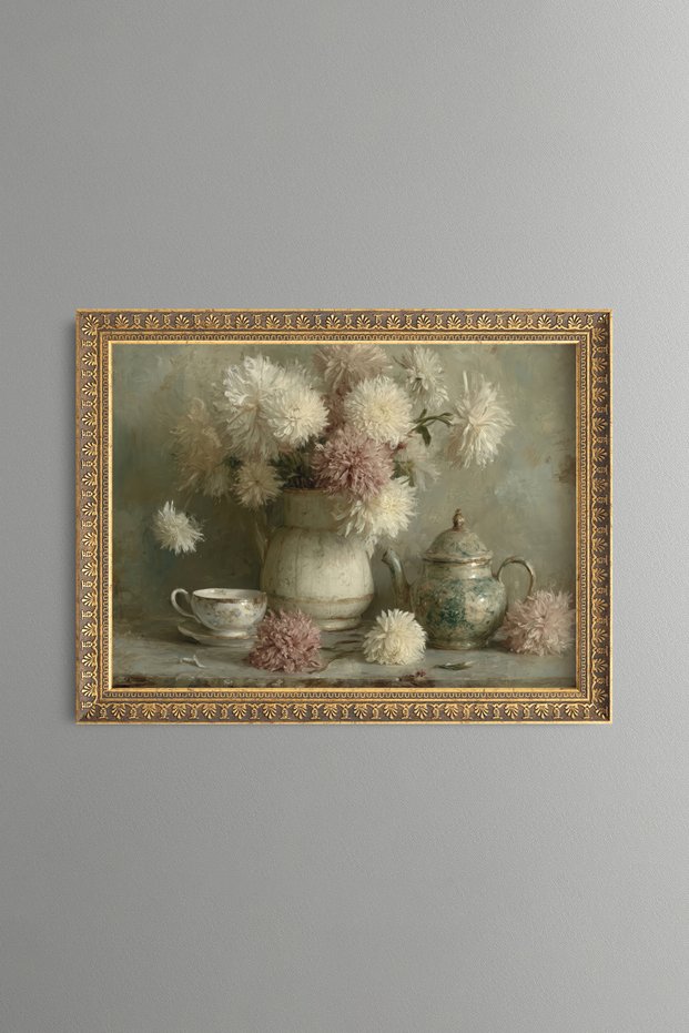 White Flowers and Green Porcelain Tea Set - Vintage Patterned Painting - Fine Model