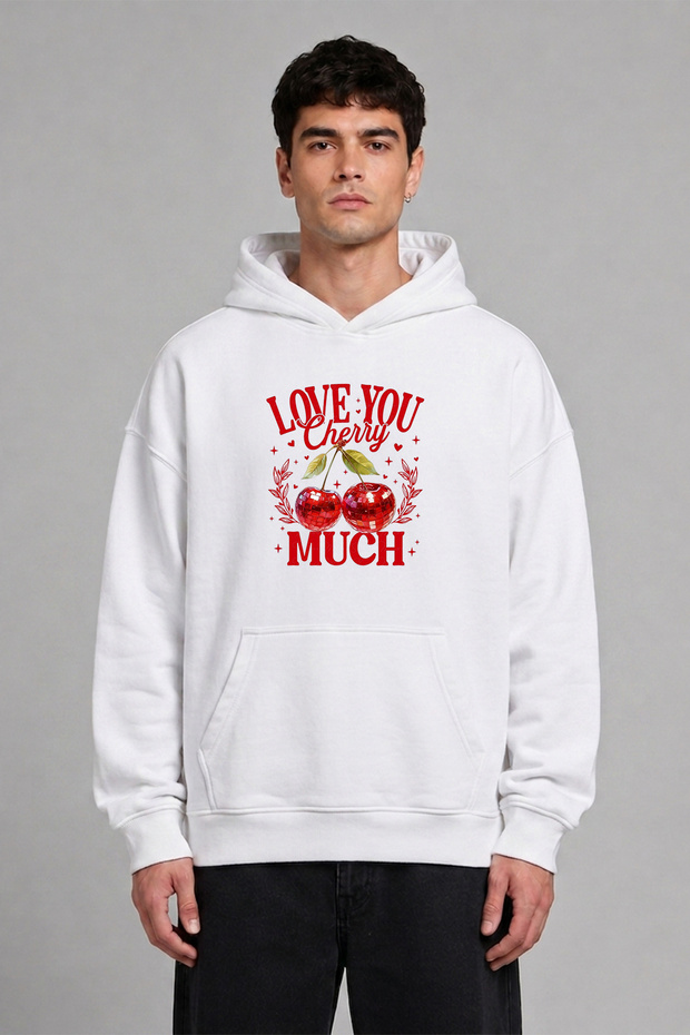 Love You Much Design Pre-Printed Oversize White Hooded Sweatshirt