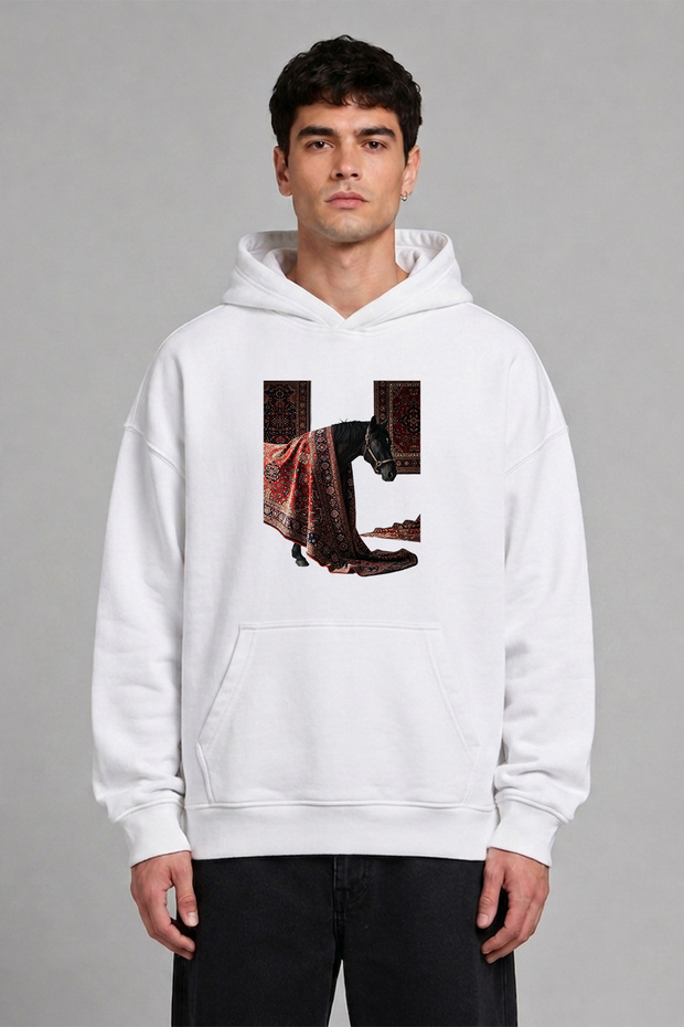 Carpet and Horse Design Pre-Printed Oversize White Hooded Sweatshirt