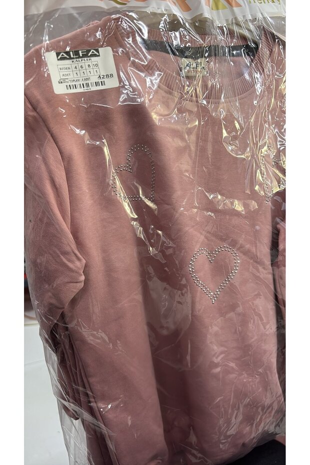 Pink Girls' Heart Patterned Crew Neck Wide Leg Tracksuit Set 24817