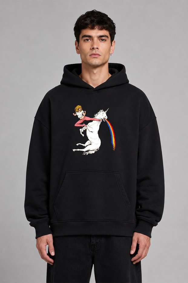 Fighter Woman Design Pre-Printed Oversize Black Hooded Sweatshirt