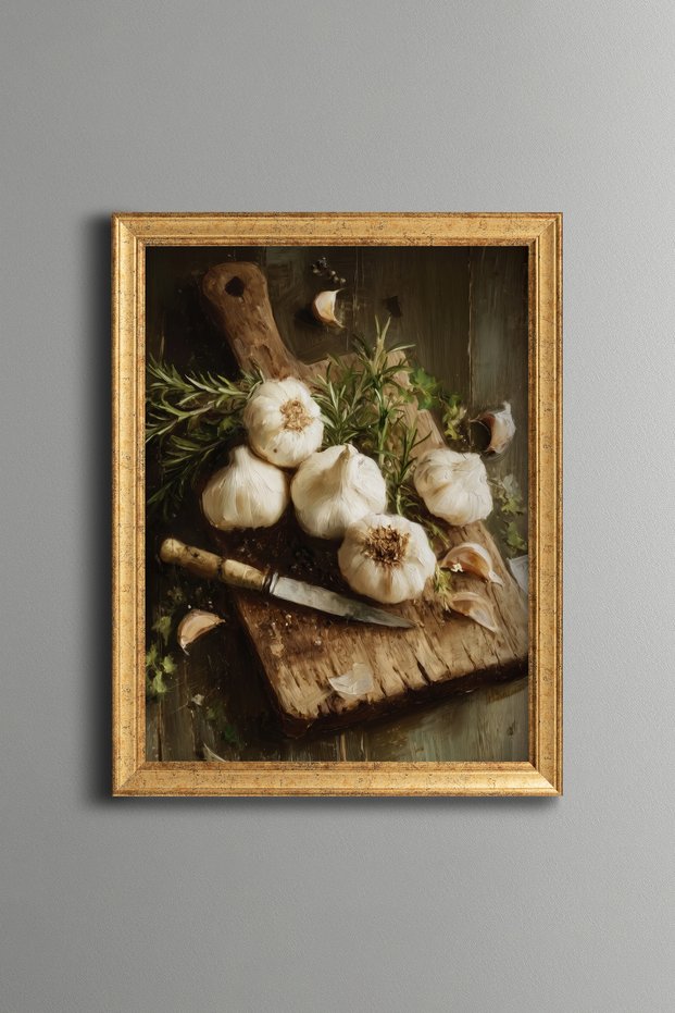 Wooden Cutting Board with Garlics and Herbs - Vintage Patterned Board - Slim Model