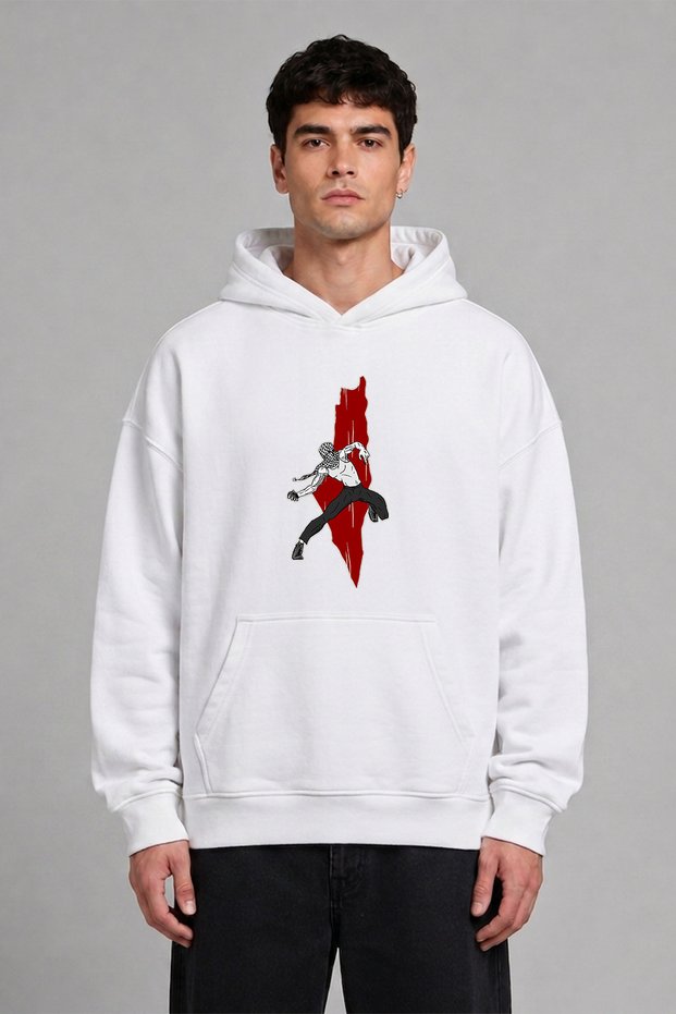 Stone Throwing Man Design Pre-Printed Oversize White Hooded Sweatshirt