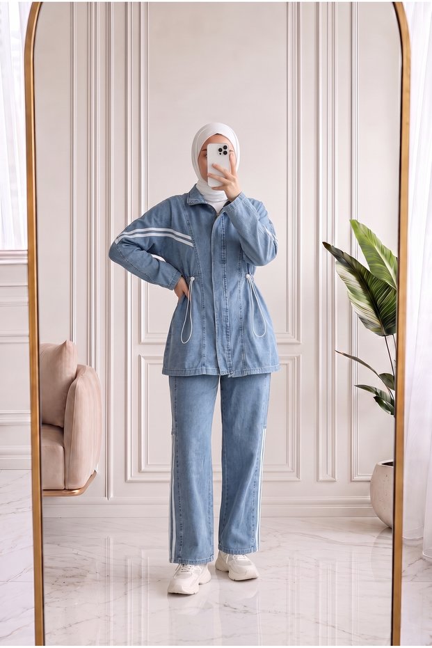 Giselle Stripe Detail Tight-Fitting Trousers Denim Suit-Ml3002 Blue