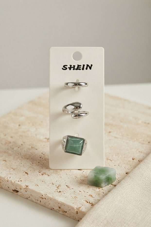 Silver-Toned Brass 3-Piece Vintage Women's Ring Set with Green Stones, Stone Embellished BYK4293 - Lisinya LSELDR06