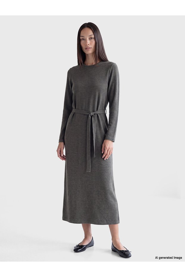 Gray Belted Flared Dress