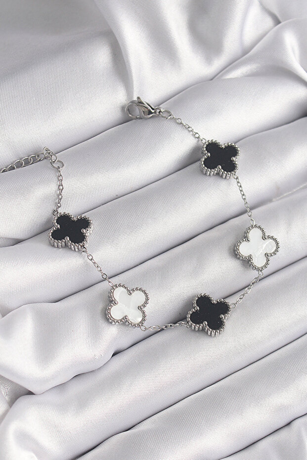 316L Steel Silver Color Black and White Clover Model Women's Bracelet -
