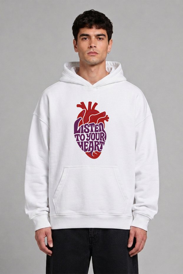 Listen to Your Design Pre-Printed Oversize White Hooded Sweatshirt