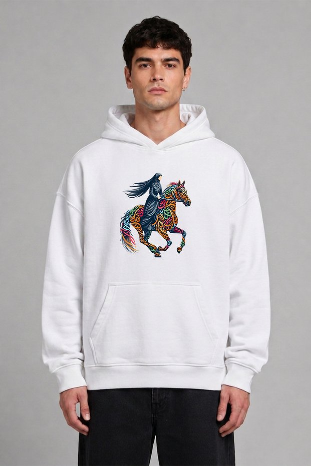 Written Horse Design Pre-Printed Oversize White Hooded Sweatshirt