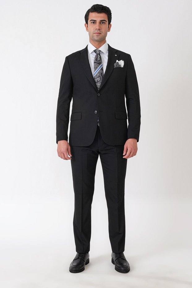 Slim Fit Double Slit Stretchy Wool Plain Black Suit Tk 948
