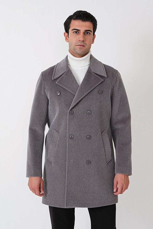 Comfort Fit Wool Gray Double-Breasted Coat with Side Pockets Ka 096