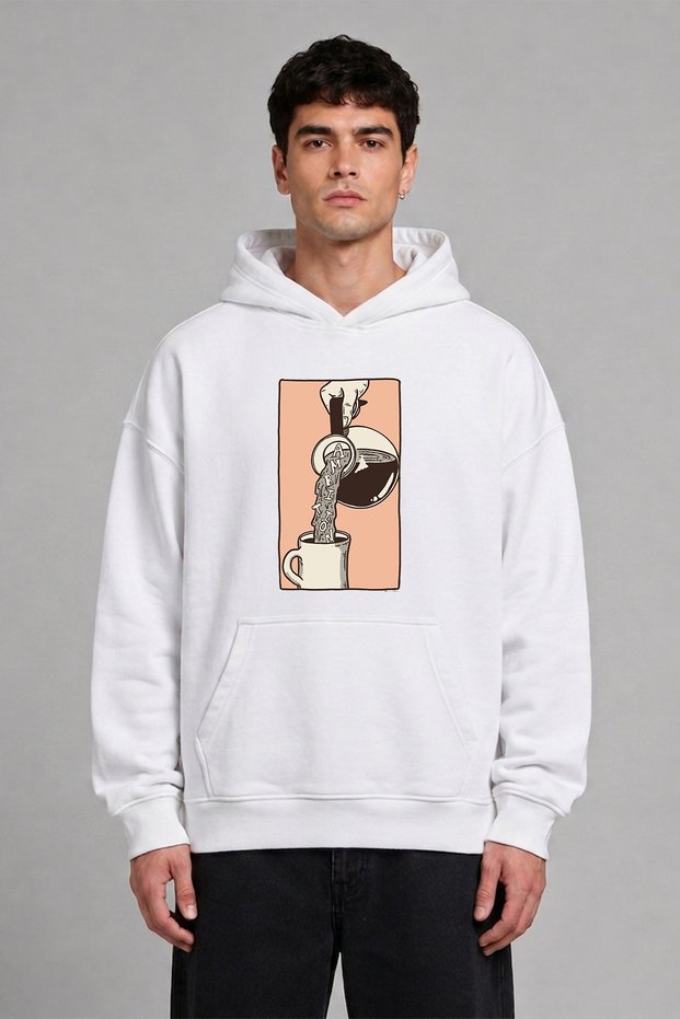 My Love Coffee Design Pre-Printed Oversize White Hooded Sweatshirt