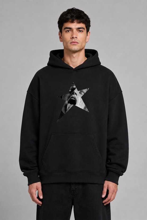 Yıldız Women's Design Pre-Printed Oversize Black Hooded Sweatshirt