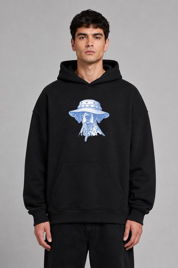 Blue Dog Design Front Printed Oversize Black Hooded Sweatshirt