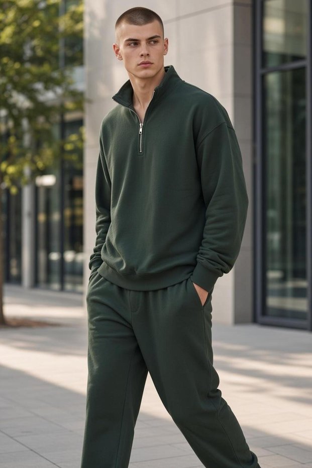 Unisex Dark Green Relax Fit Cotton 3 Thread Hooded Jogger Tracksuit Set