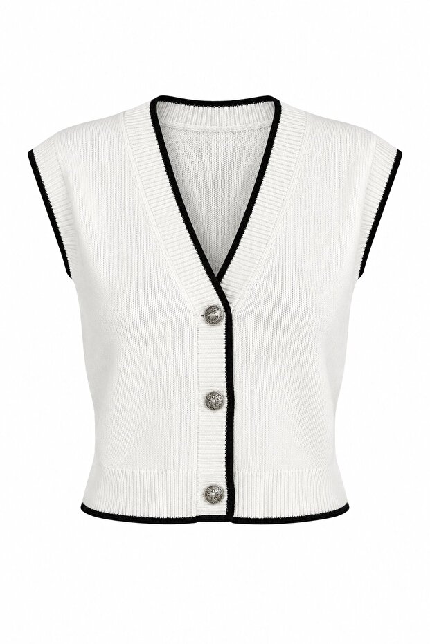 Ecru Mona Contrast Stripe Detailed Sleeveless Vest - 2Y4437