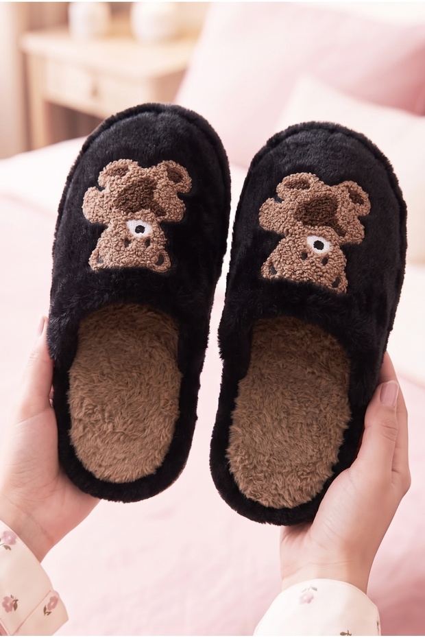 Women's Teddy Bear Embroidered Plush House Slippers Closed Toe Open Back Soft Warm Winter Comfortable Slippers
