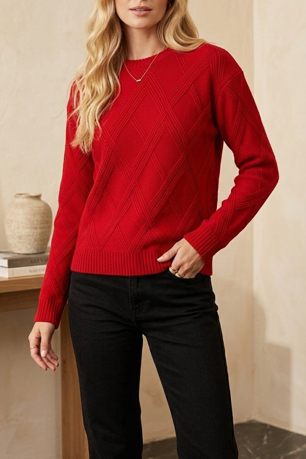 Women's Basic Diamond Pattern Knitted Sweater