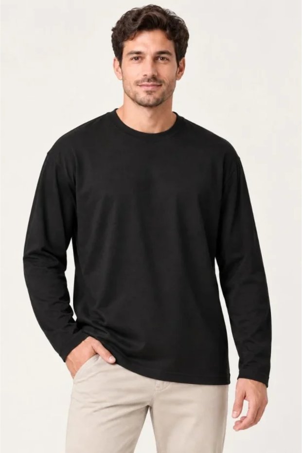 Men's modal soft touch crew neck long sleeve t-shirt sweatshirt - black