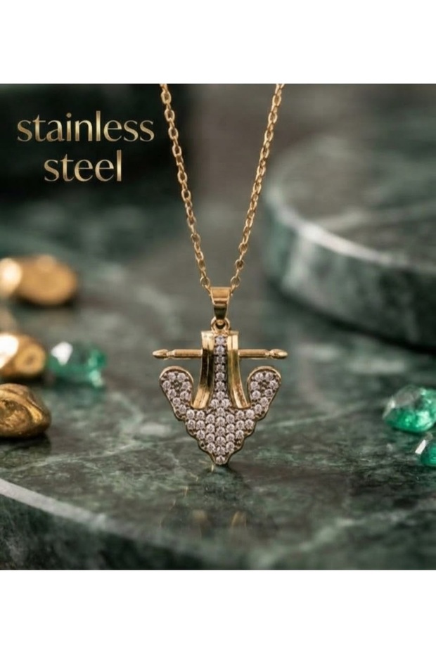 Serenay Model Steel Necklace with Gold Color Chain and Silver Zircon Stones