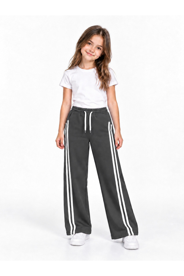 25410-26 Girl's White Striped Wide Leg 3 Thread Ribbed Sweatpants 5-8 Years Old
