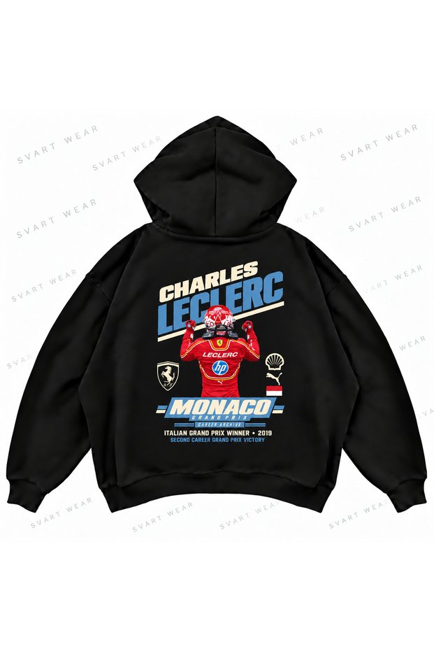 Charles Leclerc F1 Printed Black Oversize Boxy Hoodie Sweatshirt