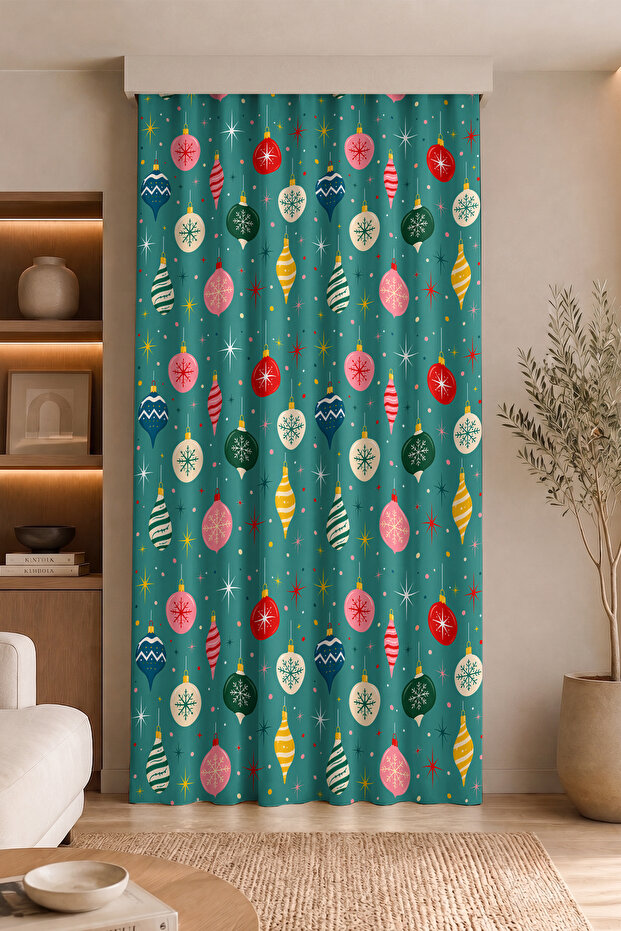 Christmas Ornament and Snowflake Colorful Pattern Single Wing Background Curtain (with Pillowcase as a Gift)