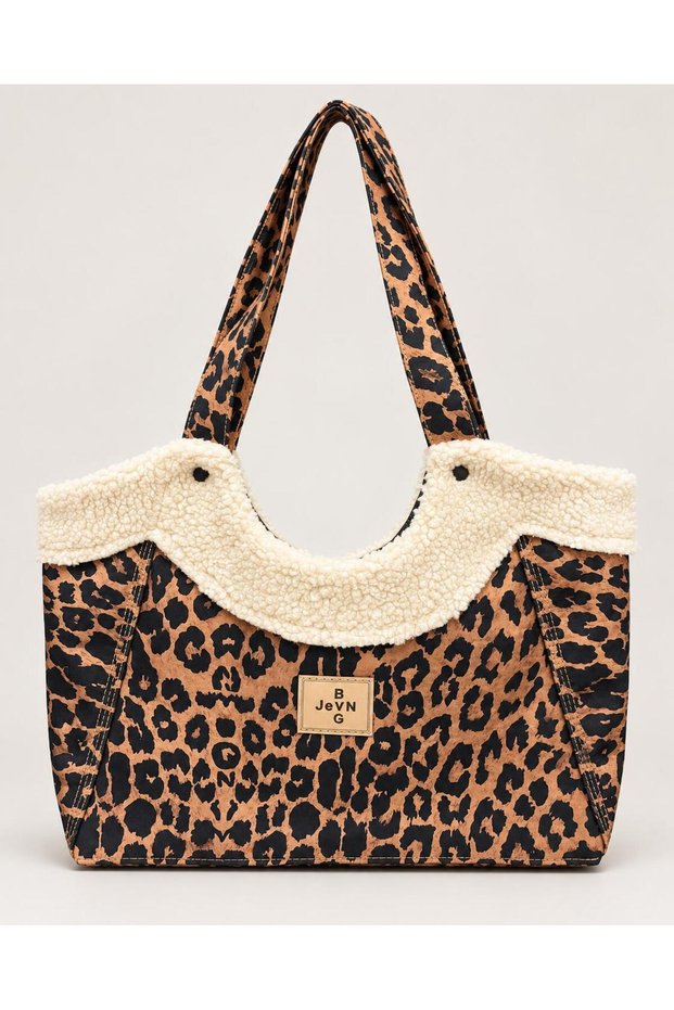 Denim Plush Detailed Shopper Bag