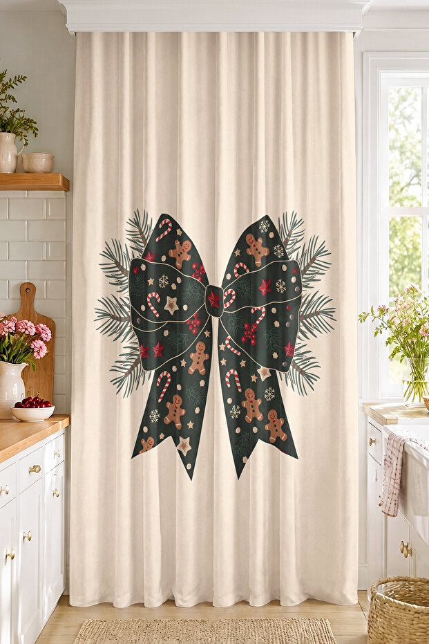 Christmas Ribbon and Gingerbread Man Patterned Single Wing Background Curtain (with Pillowcase as a Gift)