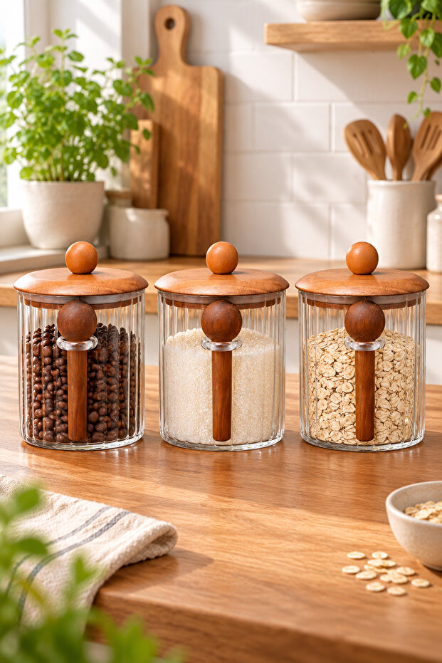 3-Piece Glass Jar Set with Spoon 650 ml – Glass Storage Jar with Wooden Lid and Wick