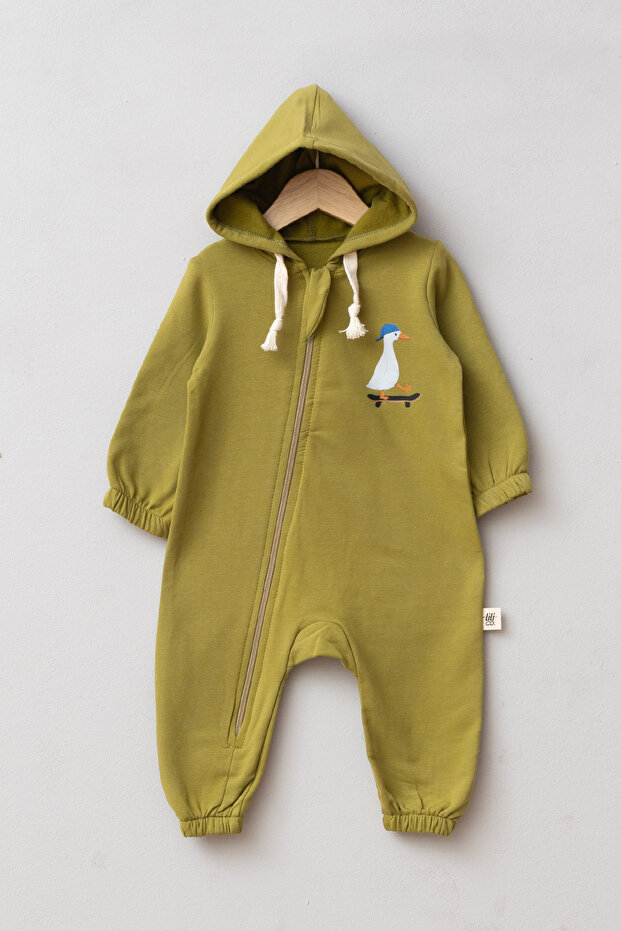 Unisex Baby Skateboarder Duck Printed 100% Cotton 2 Thread Hooded Jumpsuit