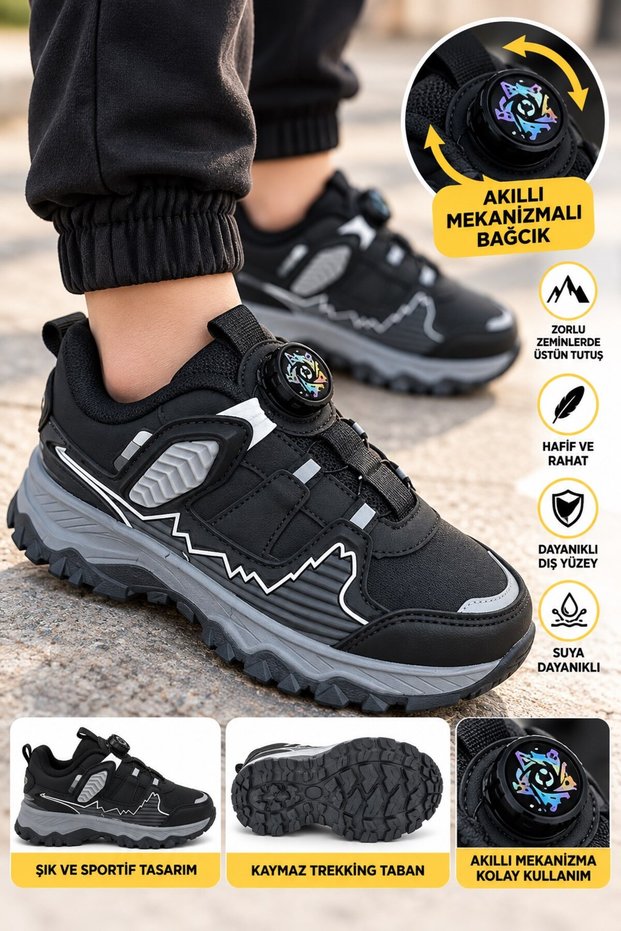 Boys' Smart Mechanism Lace-Up Rubber Sole Water Resistant Children's Trekking Boots